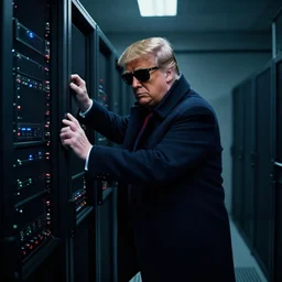 donald trump being a hacker, hacking into the mainframe, wearing sunglasses and a dark coat in a dark room