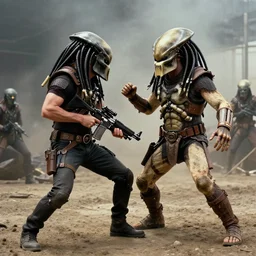 film still of hyper-realistic walter white in Predator (1987) fighting the predator, wide shot, 4k