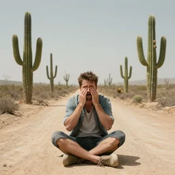 a very thirsty man on a dusty road, fantastical cacti, 4 k, surreal