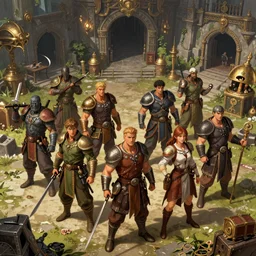 detailed ultra - realistic graphic novel illustration of patrolling group of adventurers, treasure dungeon cove, by famous digital artists, cinematic, full shot, hi fantasy art, colorfull