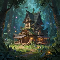 A landscape with a large fantasy tavern with multiple stories in the middle of a magical forest, magical particles!!, magical lighting, inviting, enchanting, rendered by simon stålenhag, rendered by Beeple, Makoto Shinkai, syd meade, environment concept, digital art, unreal engine, 3 point perspective, WLOP, trending on artstation, low level, 4K UHD image, octane render,