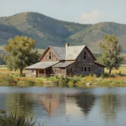 old farmhouse by a lake, hills, detailed painting, 4 k, hd, realistic, digital painting, artstation, by paul bonner, by aarons slim, by cordal isaac