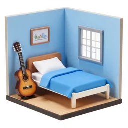 a room with a blue bed and a guitar, diorama