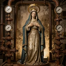 steampunk virgin mary, religious imagery, rusty pipes and guages, backlit, intricate detail, high definition