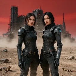cinestill 5 0 d photographic portrait of two female android lovers wearing rugged black techwear on a desolate plain with a red sky, extreme closeup, lizard on ground, cyberpunk style, in front of a brutalist dark metal facility, dust storm, 8 k, hd, high resolution, 3 5 mm, f / 3 2, ultra realistic faces