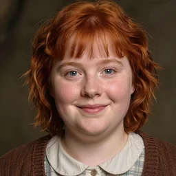 portrait of happy short and plump 5 0 - year - old woman with red hair and, kind face, round face, short hair, molly weasley, wearing in cardigan, hyper realistic face, beautiful eyes, close up, fantasy art, in the style of greg rutkowski, intricate, alphonse mucha, hyper detailed, smooth
