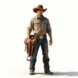 confident ranch hand with saddle, high detail digital art, full body, standing, isolated on a pure white background, centered, whole figure in frame, sharp focus, studio lighting