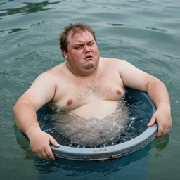a horribly fat man swimming in a trash can