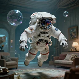 a cybernetic symbiosis of a single astronaut eva suit swimming in infected with diamond 3d fractal lace iridescent bubble 3d skin  covered with insectoid compound eye camera lenses floats through the living room, film still from the movie directed by Denis Villeneuve with art direction by Salvador Dalí, wide lens,