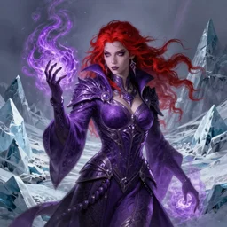necromancer glowing with purple magic, red hair, female, glacier landscape, D&D, fantasy, intricate, elegant, highly detailed, digital painting, artstation, concept art, matte, sharp focus, illustration, art by Ben Quilty