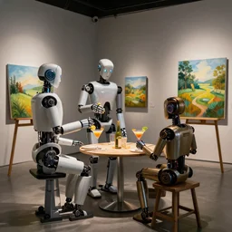 robots having a cocktail party in an art gallery while robots paint landscapes on canvases, dramatic lighting, 4 k