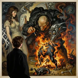 defiling rogue glancing over the immolated target, monumental painting by gerrit van honthorst and hajime sorayama and william blake, illusion surreal art, highly conceptual figurative art, intricate detailed oil illustration, controversial poster art, polish poster art 1 9 8 0