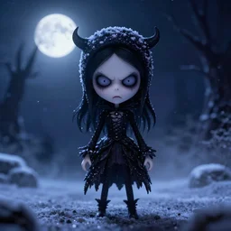 full shot portrait of angry darkness cute anime girl at moonlight, snowing, gothic wearing, inspired by Tim Burton, Amano, detailed, unreal engine 4k volumetric light, fog,