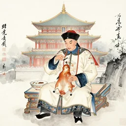 a chinese painting of a qing dynasty man sitting in a pagoda eating peiking duck, chinese calligraphic painting, watercolor, not japanese