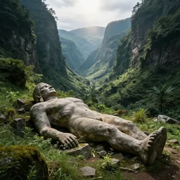 The ancient corpse of a fallen stone titan within a deep and lush valley, Greg Rutkowski WLOP, dramatic lighting, view for miles, lens flare, perspective, landscape, beautiful lighting, stone colossus remains