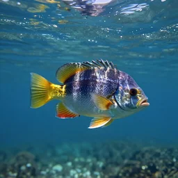 An aesthetically pleasing, dynamic, energetic, lively, well-designed digital art of the fish in the ocean viewed from underwater, nature cinematography, light and shadow, chiaroscuro, by Claude Monet and Vincent Van Gogh, superior quality, masterpiece, excellent use of negative space. 8K, superior detail, widescreen.
