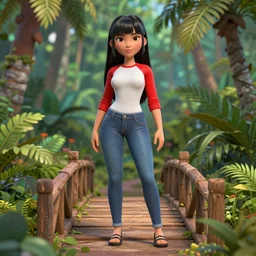 kena bridge of spirits, 3 d character zbrush, hispanic girl using tight white and red raglan sleeves, tight blue jeans and cool shoes, silky long black hair with bangs in a tropical forest, artstation
