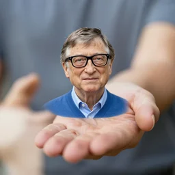 tiny bill gates in the palm of my hand, looking up at the camera, hyper realistic photo, highly detailed, sharp focus, depth of field