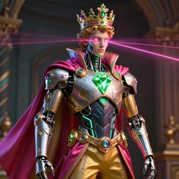 full-body sculpture of a young handsome Spanish prince as a half cibernetic android with a glowing green diamong in his chest, pink laser beams coming out of his eyes, crown of giant jewels,  flowing neon-colored silk, human skull mask, geometric shapes in a cyperbunk and baroque style. intricate artwork by caravaggio. Trending on artstation, octane render, cinematic lighting from the right, hyper realism, octane render, 8k, depth of field, 3D