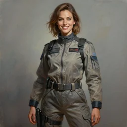 epic professional digital art of female wearing air force jumpsuit, proud and smiling, painting, by leesha hannigan, iris van herpen, artstation, cgsociety, wlop, epic, much wow, much detail, gorgeous, detailed, cinematic, masterpiece