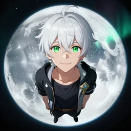 white haired young guy with green eyes on the moon, aurora, smiling, stunning anime portrait, symmetry, realism, octane engine, makoto shinkai, genshin impact, art, long shot, fisheye