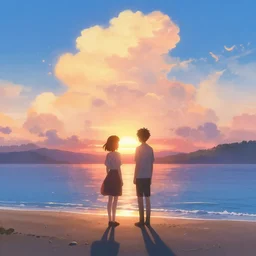 two people stand on a beach romantically watching the sunset, center framing, highly detailed, heavy large lens flare, fantasy, digital painting, concept art, matte, art by ruan jia and wlop and greg rutkowski and makoto shinkai, masterpiece