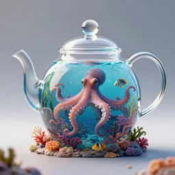 a clear teapot with an ocean inside with octopus, sea monsters, fish, coral, and seaweed, highly detailed, 8 k, trending on artstation, award - winning art,