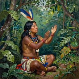 a beautiful realistic painting of an indigenous shipibo shaman, sitting in the jungle and calling upon the spirits of nature, in the style of Pablo Amaringo, vibrant colors, full body