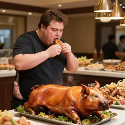 a fat person looking hungry while standing in front of an all you can eat buffet that includes a roast pig