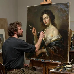 an exhausted painter in his studio painting a picture of a beautiful model - key lighting, soft lights, by steve hanks, by edgar maxence, by caravaggio, by michael whelan, by delacroix, by serov valentin, by tarkovsky, 8 k render, detailed, oil on canvas