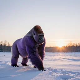 a purple gorila, walking in snow, sunrise, wide photo, 4 k