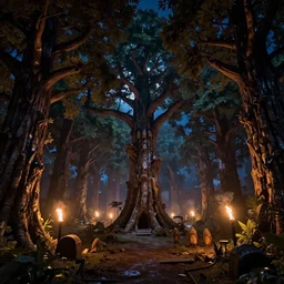 night on kashyyyk up in the trees, very large trees, wookiee tree village with torches, 4k resolution
