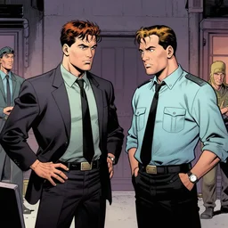 Inspector Brandenburg and Detective Constable Morrison discussing the crime scene. Comic book in the style of Jack Kirby.