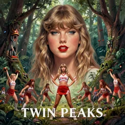 twin peaks movie poster art by saturno butto of portrait of taylor swift local cheerleader being sacrificed to moloch in ritual in the grove, highly detailed, digital painting, artstation, concept art, smooth, sharp focus, illustration, by artgerm