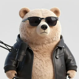 an oversized bear on a podcast wearing sunglasses and a leather jacket
