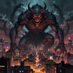 a city overrun by a giant demon, colorfully, dark mood, detailed illustration, dark climate, digital art, highly saturated colors, overdetailed art, concept art, detailed illustration, hd, 4 k, digital art, greg rutkowski, dan mumford, wlop, trending on artstation