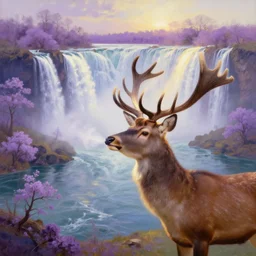 the most beautiful panoramic landscape, oil painting, where a giant dreamy waterfall creates a river, the trees around are starting to bloom in purple colors, a majestic deer is in close - up and it is exhaling steam, the ray lights of the sunrise are brightening him, by greg rutkowski