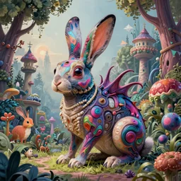abstract xenomorph rabbit in wonderland, highly detailed, concept art, scifi, bizarre, colorful, sharp focus, trending on artstation, intricate, atmosphere, art by roman makarenko, dzung phung dinh