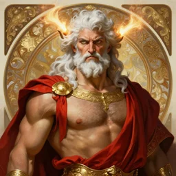 painted portrait of rugged zeus, god of thunder, greek god, white hair, masculine, mature, handsome, upper body, red and gold, fury, muscular, hairy torso, fantasy, intricate, elegant, highly detailed, digital painting, artstation, concept art, smooth, sharp focus, illustration, art by gaston bussiere and alphonse mucha
