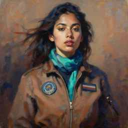 detailed portrait in daring femininity, ethnic, statuesque, confident realistic face, flight suit and scarf, bathed in morning light, chiaroscuro, radiosity, brushy impressionism, sense of motion, natural color scheme with contrasting highlights, burnt sienna indigo and aquamarine, modern fashion, contemporary art, deep rich hues, oil on canvas