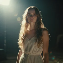 a wide angle shot surreal portrait of a goddess, movie still, cinematic lighting, ray tracing, octane render, long lens, shallow depth of field, bokeh, anamorphic lens flare, 8 k, hyper detailed, 3 5 mm film grain