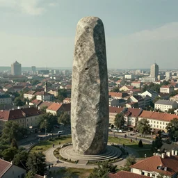 an out-of-place alien monolith in a traditionally eastern european cityscape, dystopic, 4K landscape