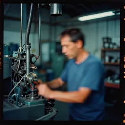 kodak portra 4 0 0, wetplate, motion blur, muted colours, 2 0 0 mm lens, award winning colour portrait deep insight inside a mechanics garage, akira by saul leiter, insanely detailed, insanely intricate, depth of field, blueberry teal orange colours