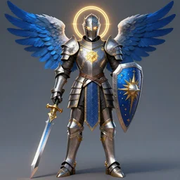 digital art of strong knight wearing plate armor, holding weapon and shield, standing upright, full body. good, holy paladin, angel wings, blue and gold details, glowing eyes