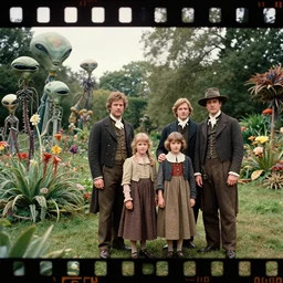 sharp, highly detailed, 435456k film, 1612800mm film still from a sci fi blockbuster color movie made in 2019, set in 1860, of a family standing in a park, next to some strange alien plants and flowers, on an alien planet, the family are all wearing 1860s era clothes, good lighting, good photography, ultra high definition, in focus, 35mm macro lens