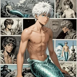 young teen bishonen male! scrawny white haired merman! sci - fi! moebius, milo manara, hugo pratt, french comic art, semi - realistic anime, portrait, beautiful face, symmetrical face, trending on pixiv, detailed, clean lines, sharp lines, crisp lines, award winning illustration, masterpiece, 4 k