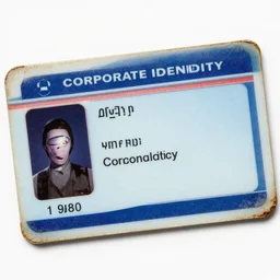 worn old corporate identity card, 1 9 8 0 s science fiction, textured, gloss,