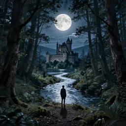 An image of a moonlit forest with a river running through it it has a lake in the distance a castle at its center and a single solitary figure standing in the middle of it all who is gazing out at the world, trending on artstation