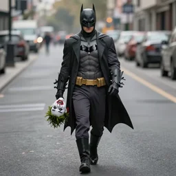 Batman walking on street ，holding the Joker's head in his hand