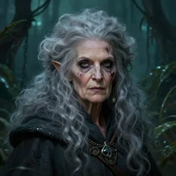 fantasy portrait of an energetic old nurgle cultist woman with silky, cloudy grey hair, black scars on her face, swamp vegetation in the background, nocturnal palette, art by greg rutowski, raphael lacoste, eddie mendoza, artgerm, trending on artstation
